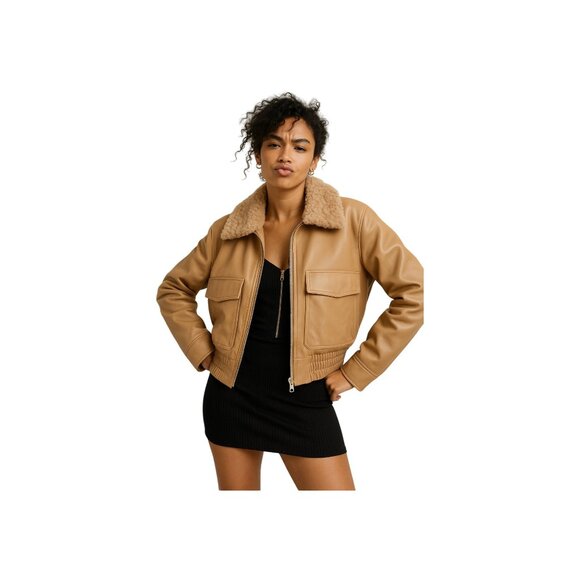 French Connection Size XL Vegan Leather Zipper Waistline  Jacket Sherpa Collar - Picture 9 of 12